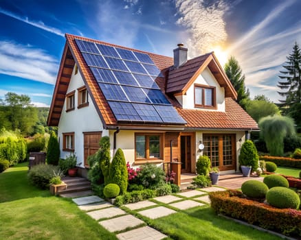 Solar panels on the roof of a country house. Beautiful, large modern house and solar energy. Rays of the sun. Ai generated image