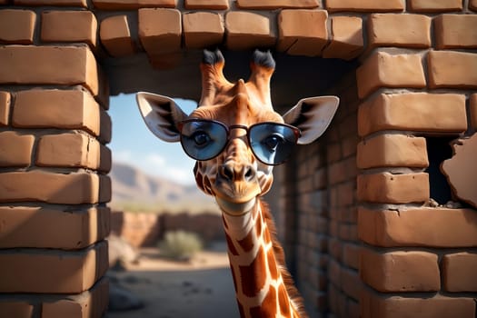 happy giraffe in summer against a brick wall background .