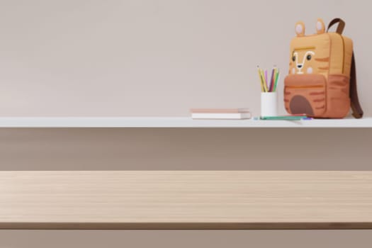 Empty wooden tabletop foreground with softly blurred background featuring school supplies, perfect for product displays and educational themes. Back to school, education concept. Desk front view. 3D