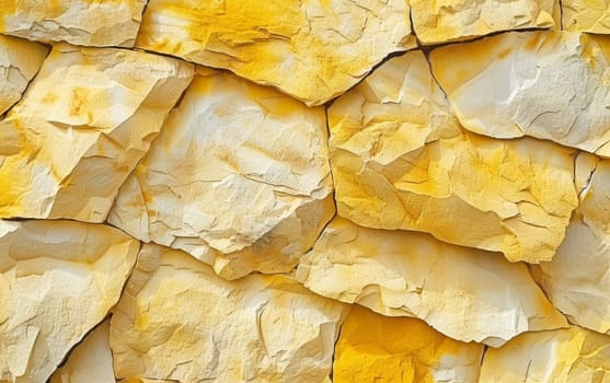 Close-up of a textured wall with interlocked yellow stones, exhibiting natural patterns and a rugged surface