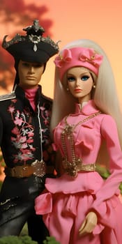 Ken, dressed in black, and Barbie, adorned in pink, stand together on a bright and vibrant background, creating a charming and contrasting duo.