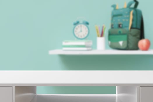 Empty white tabletop foreground with softly blurred background featuring school supplies, perfect for product displays and educational themes. Back to school, education concept. Desk front view. 3D