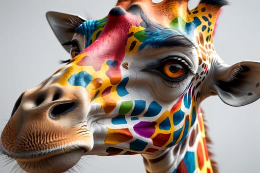 Portrait of a bright multi-colored giraffe .