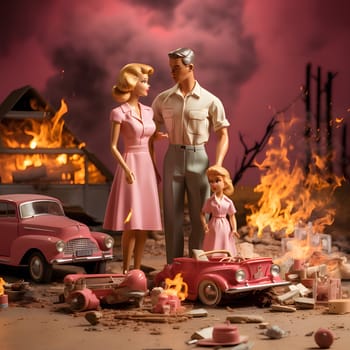 Barbie, Ken, and a brave girl united, facing a burning city with hope. Pink cars surround them, embodying Barbie's signature style. Together, they stand strong.