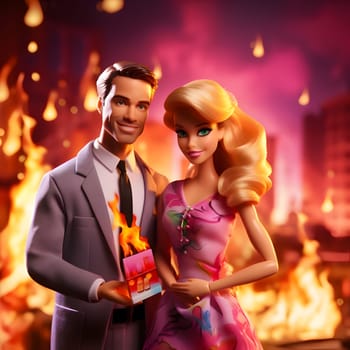 Barbie and Ken, amidst a burning city, show courage and determination. Together, they remain resilient, embodying strength and hope in the face of challenges.