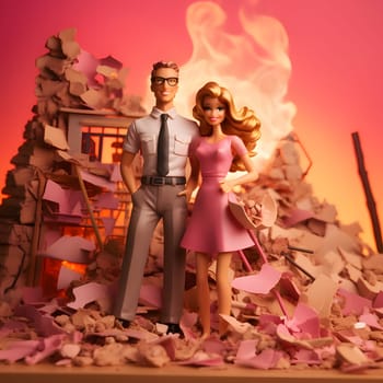 Barbie and Ken, amidst a burning city, show courage and determination. Together, they remain resilient, embodying strength and hope in the face of challenges.