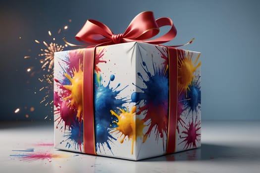 New Year gift box with bright ribbon, New Year card .