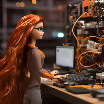 The young Barbie with long brown hair looks focused and determined as she sits in front of her computer, at work.