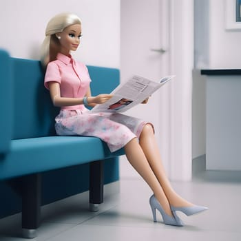A cute blonde Barbie wearing a pink outfit sits gracefully, engrossed in reading a newspaper, against a blurred background, seen from the side view.