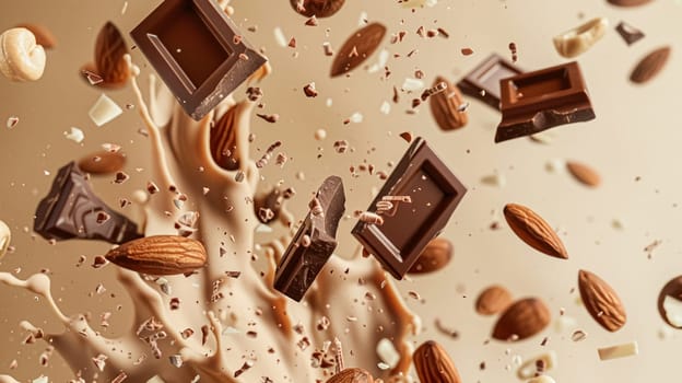 Nuts and chocolate splash, food dessert and confectionery industry