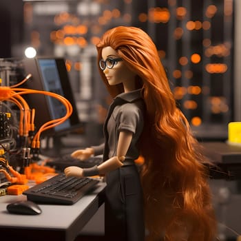 The young Barbie with long brown hair looks focused and determined as she sits in front of her computer, at work.