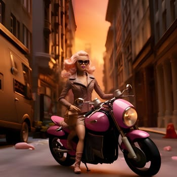 Cute blondie Barbie wearing a brown jacket, sitting on a pink motorcycle, with a blurred background.