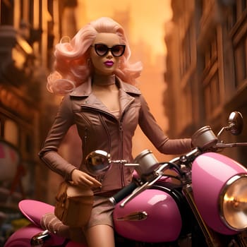 Cute blondie Barbie wearing a brown jacket, sitting on a pink motorcycle, with a blurred background.