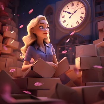 A young girl working with cardboard boxes, smiling, looking towards the clock.