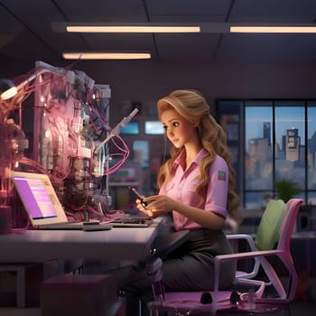 The young Barbie with long brown hair looks focused and determined as she sits in front of her computer, at work.