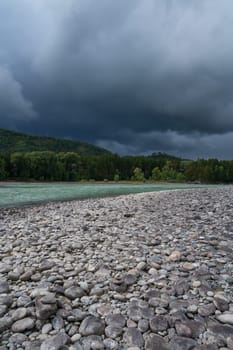 Fast mountain river Katun in Altay, Siberia, Russia. Cloudy skies before the rain