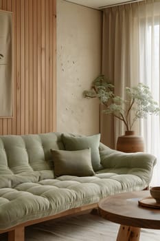 A comfortable living room with a green couch and a wooden table, set against a backdrop of elegant interior design. The furniture complements the propertys wooden floor and large window