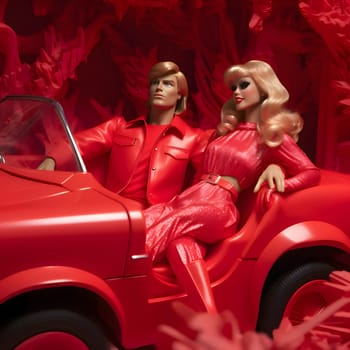 A blonde Barbie doll with a red dress and blonde hair sitting together with Ken in a red car, against a red background.