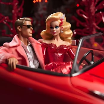 A blonde Barbie doll with a red dress and blonde hair sitting together with Ken in a red car, against a red background.