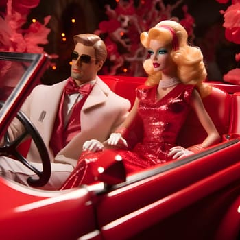 A blonde Barbie doll with a red dress and blonde hair sitting together with Ken in a red car, against a red background.