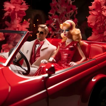 A blonde Barbie doll with a red dress and blonde hair sitting together with Ken in a red car, against a red background.