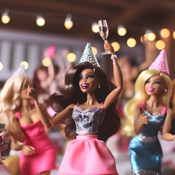 Three Barbie dolls at a party. One in the middle holds a champagne glass in her hand, all dressed in glamorous outfits.