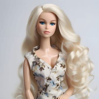 Long-haired blonde Barbie in a flowery dress, standing elegantly on a white background.