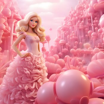 Long-haired blonde Barbie gracefully adorned in a long pink dress, amidst a dreamy pink landscape.