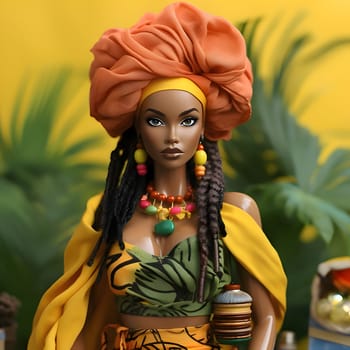 Black Barbie with her luscious black hair, wearing a vibrant colorful top and a stylish turban, stands gracefully against a blurred background.