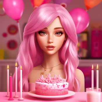 Blonde Barbie doll holding a cake with a blurred birthday room in the background.