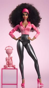 A vertical photo features a black Barbie doll sporting trendy sportswear on a vibrant pink background, exuding confidence and style.