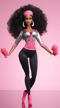 A vertical photo features a black Barbie doll sporting trendy sportswear on a vibrant pink background, exuding confidence and style.