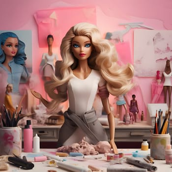 A long-haired blonde Barbie doll is depicted in a painting studio with paints and pencils on the table, showcasing her artistic talents.