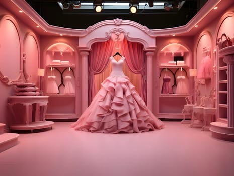 A beautiful ruffled long dress hangs on a hanger, adding elegance to the pink room.