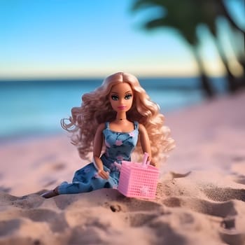A beautiful long blonde-haired Barbie stands on the beach sand, wearing a blue dress and a pink shirt. The background is blurred water.