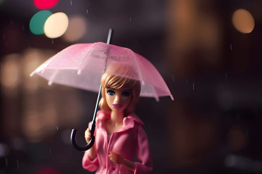 Barbie doll looks adorable in a pink dress, holding a pink umbrella in the rain.