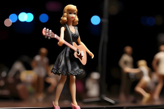 Barbie doll looks stunning in her black outfit, holding a guitar on stage, ready to rock the crowd.