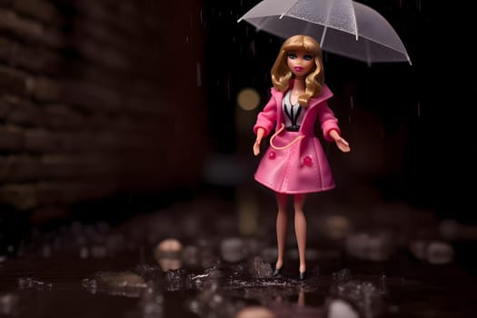 Barbie doll looks adorable in a pink dress, holding a pink umbrella in the rain.