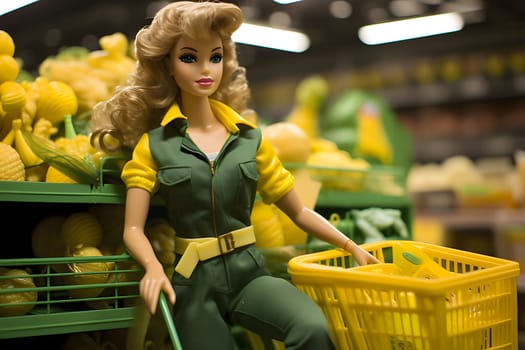 Barbie doll looks stylish in her green outfit, pushing a shopping cart in the store, ready for a fun shopping spree.