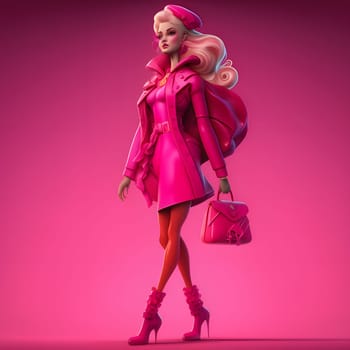 Barbie doll with blood under the nose, a pink handbag, and an outfit made of pink.