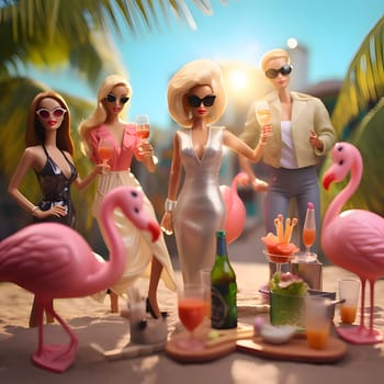 Four Barbie dolls are joyously celebrating at a beach party, surrounded by playful flamingos, creating a vibrant and fun-filled scene.