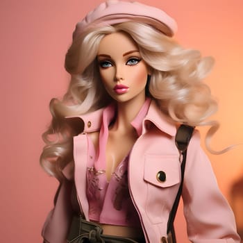 In a close-up photo, a blonde-haired Barbie exudes style wearing a light jacket and a cap, set against a serene and light background.