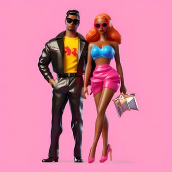 Blonde-haired Barbie and Ken look vibrant in their colorful pink outfits, posing together on a pink background.