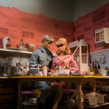 Barbie and Ken are sitting at the messy kitchen table, surrounded by scattered items.