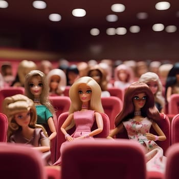 The cinema hall is filled with many Barbie dolls, creating a colorful and playful scene.