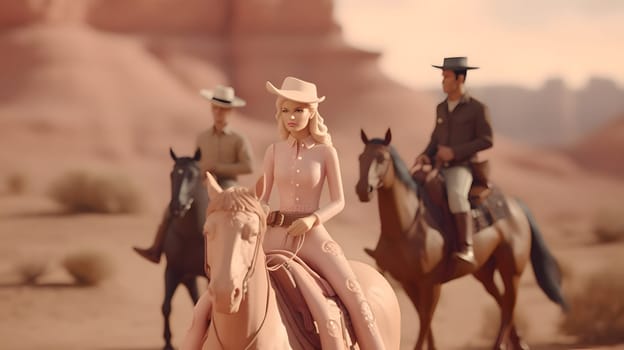 Barbie and her two companions ride horses in cowboy outfits, exploring the Wild West with a spirit of adventure and excitement.