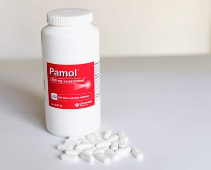 Large package of paracetamol tablets. Pills for pain and fever reduction. Denmark - Martch 24, 2024