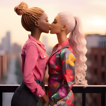 Two Barbie dolls with hands entwined share a loving kiss, expressing affection and creating a heartwarming scene.