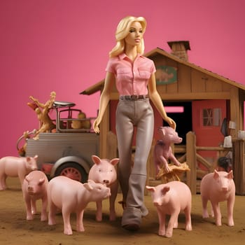 Barbie embraces the rural charm, enjoying her time on the farm with friendly pigs by her side. A delightful countryside adventure!