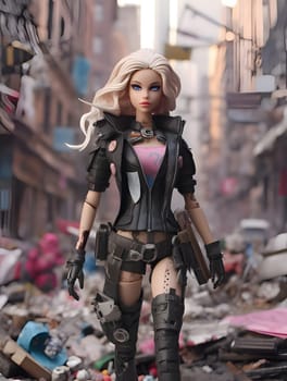 A warrior-style Barbie doll, resembling a turtle, stands tall on the ruins of a city, a symbol of strength and resilience.